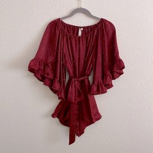 Burgundy silky ruffle sleeve embellished romper